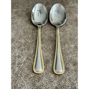 Wallace 18/10 Stainless Gold Royal Bead 2 Dinner Spoons Flatware